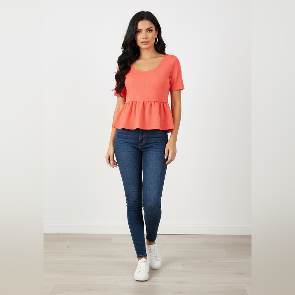 Daisy Fuentes Watermelon Coral Textured Peplum Top Short Sleeve Size Large